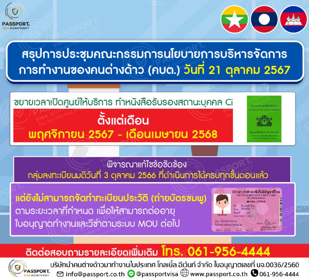 สรุปการประชุม คบต วันที่ 21 ตุลาคม 2567 ขยายเวลา ศูนย์ ci เมียนมา และ บัตรชมพูคนต่างด้าว 2567